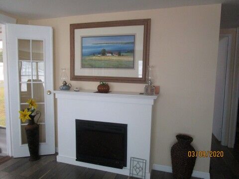 closeup of fireplace and french door