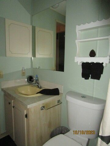 hall bath vanity, newer toilet, view from shower