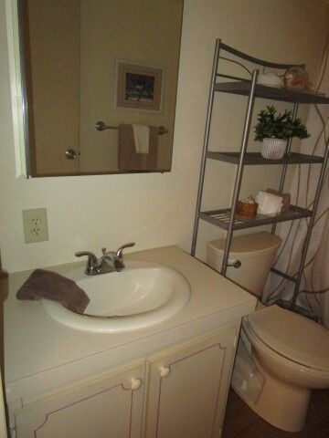 hall bath vanity, toilet, shelving