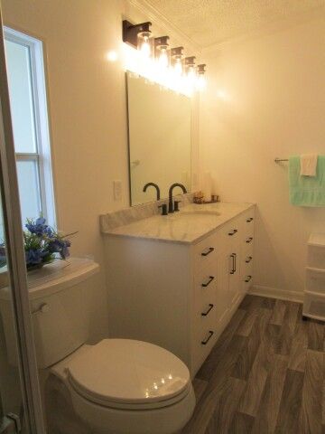 ensuite toilet, long vanity, light/sink fixtures